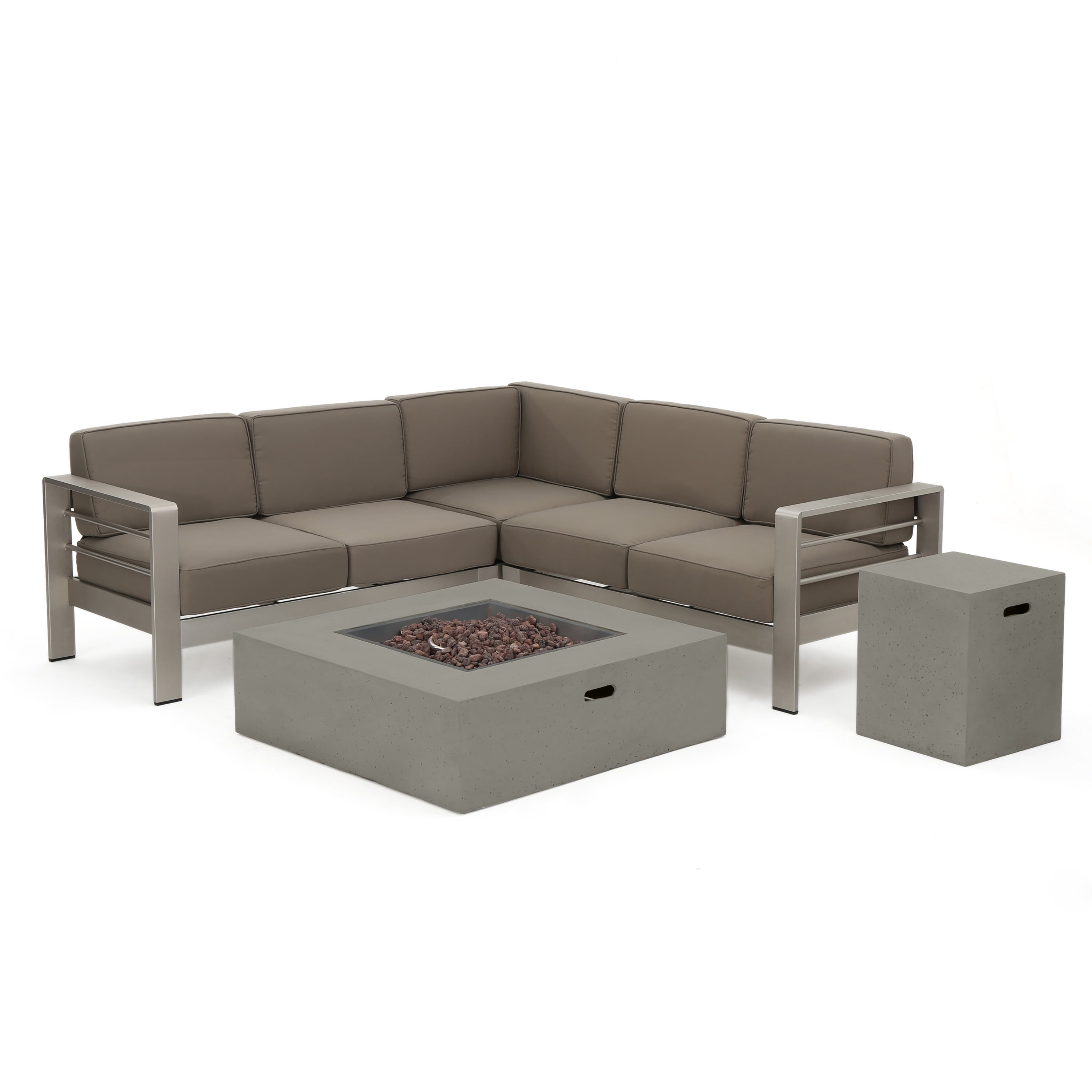 Outdoor V Shaped Sofa Set with Fire Table, Khaki, Light Gray