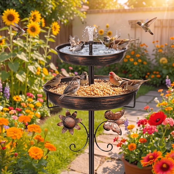 Heavy-duty Metal Double-layer Bird Bath Tub 44" 2-Tie With IPX8 Fountain BirdBath With 12" And 10" Trays;Sturdy 5-prong Base, Rust-resistant, Birdbath For Outside OutdoorWall Decor