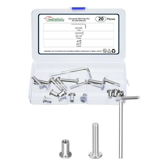 Furniture Connector Bolt Cap Nut Kit with Wrench(M6-1x30mm) 20Pcs, Connector Bolts M6 Countersunk Screw Barrel Nuts Binding Screws, for Chair Cabinet Bed, Silver