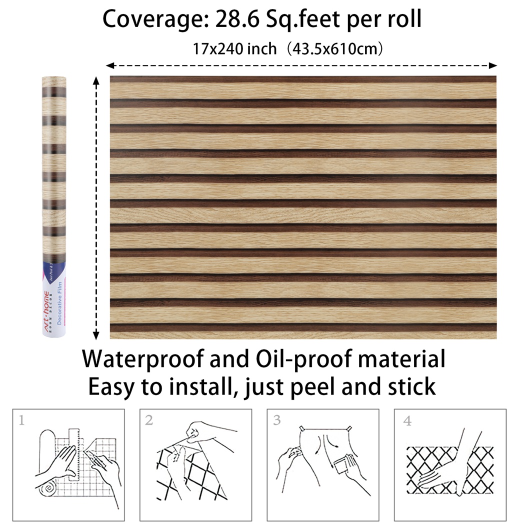 Arthome Wood Grating Wallpaper 17''x240'' Self-Adhesive Removable Peel and Stick Wallpaper Vinyl Decorative Wood Stripe Grain Paper Film Vintage Wall Covering for Furniture Easy to Clean