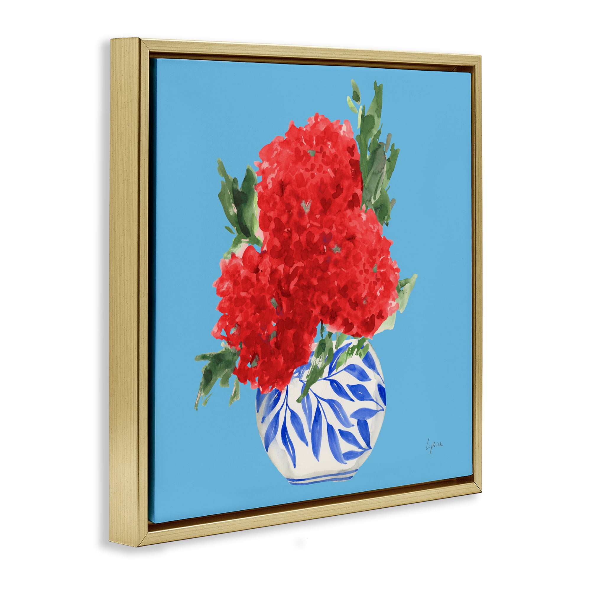Stupell Industries Red Hydrangeas Blue Vase Gold Framed Floater Canvas Wall Art, design by Lucille Price