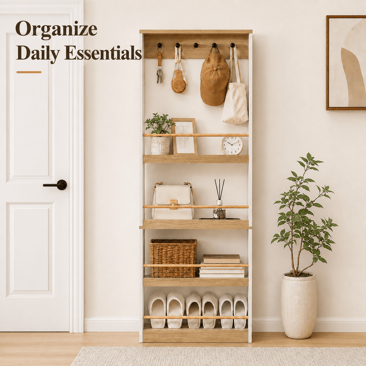Tall Bookcase 70.87 Inch, Narrow Storage Cabinet with 5 Hooks and 4 Shelves, Space-Saving Shelf for Living Room and Kitchen, Antique White