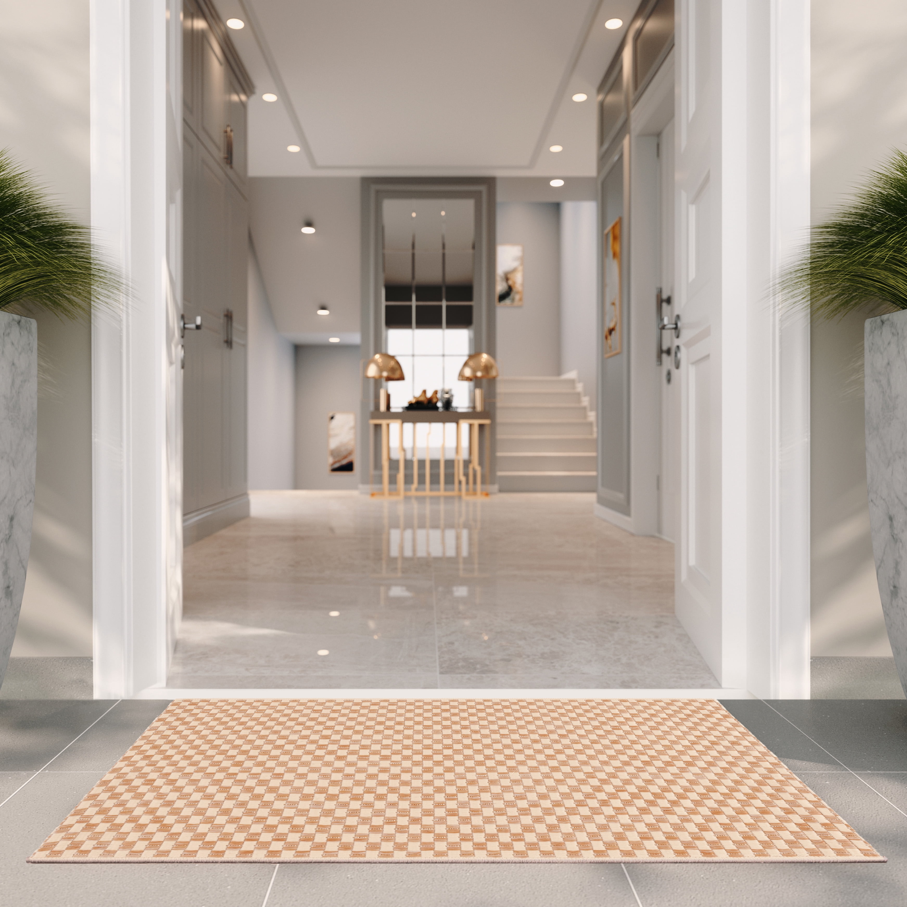 SAFAVIEH Courtyard Blair Checkered Indoor/Outdoor Area Rug, Natural/Cream, 4' x 4' Square