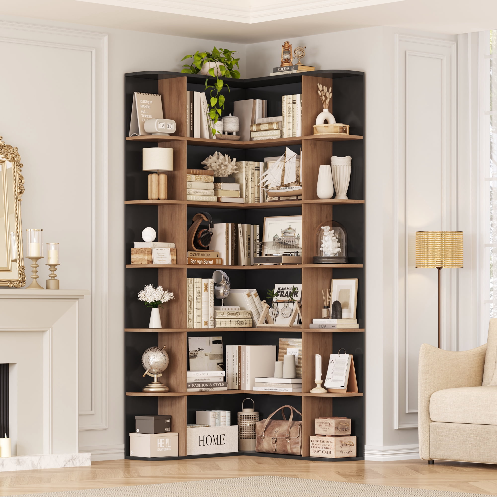 Homfa 73.9” Tall Corner Bookcase, 6 Tier L-Shaped Large Display Bookshelf with Curved Edges for Living Room Home Office Study, Black & Oak
