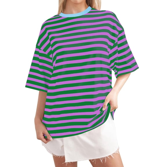 DHFJKG Striped T Shirts For Women Round Neck Short Sleeve T Shirt Comfortable Tee Baggy Boyfriend Streetwear Trendy Tops