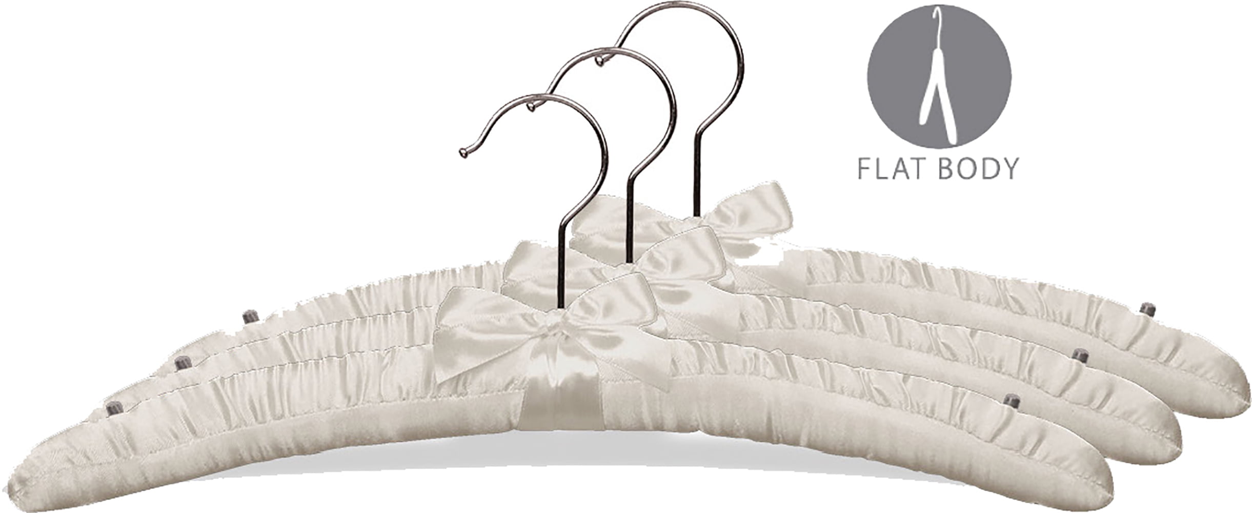 Ivory Satin Top Hanger, (Box of 24) Padded Wood Hangers w/ Chrome Swivel Hook & Studs for