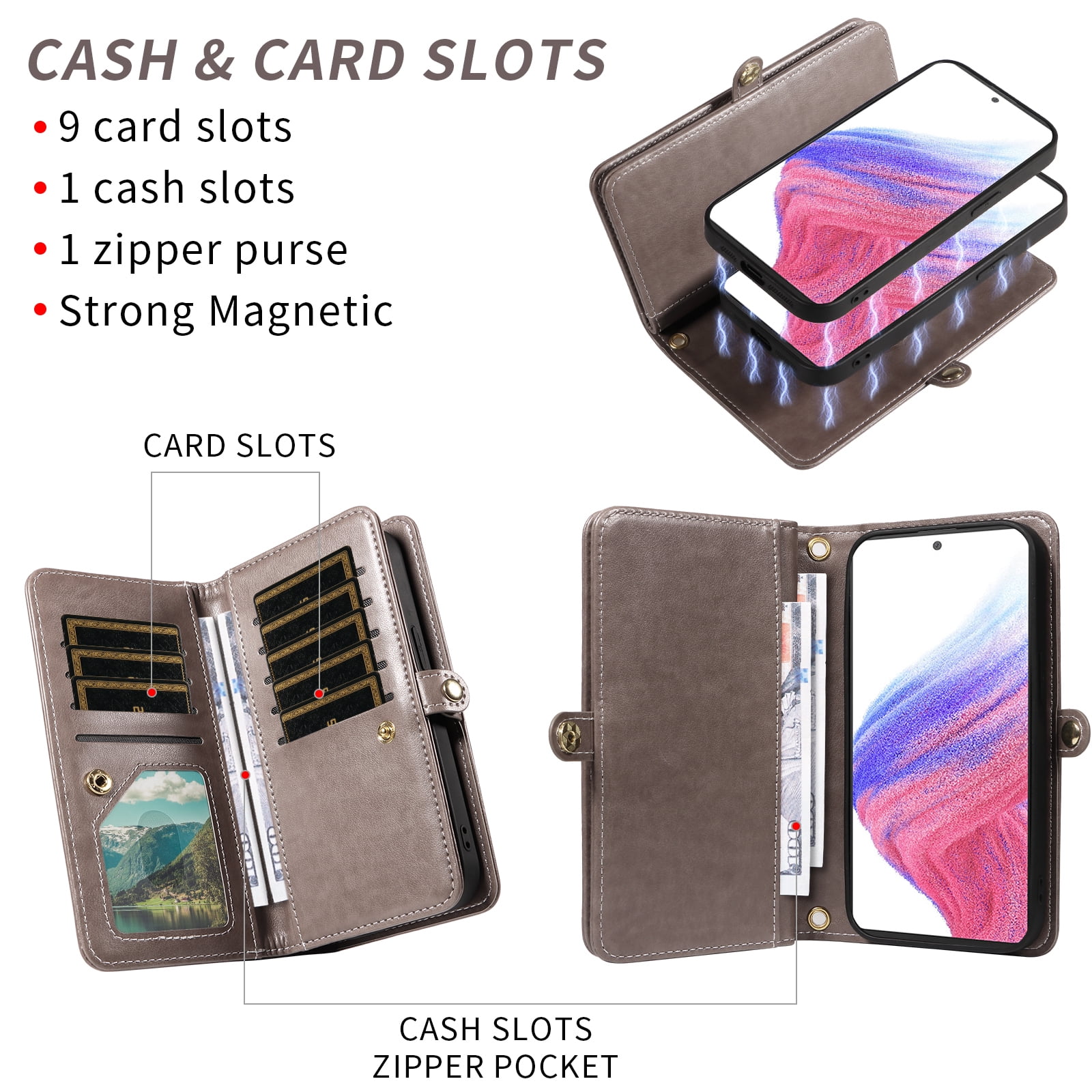 Asuwish Phone Case for Samsung Galaxy A53 5G Zipper Wallet Detachable Cell Cover with Tempered Glass Screen Protector Crossbody Strap Flower Flip Card Holder A 53 G5 53A SM A536U 6.5" 2022 Women Gray
