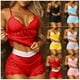 thumbnail image 5 of Pijama sexy qucoqpe para mujer, conjunto de pijama de dos piezas con encaje y lazo de color liso y pantalones cortos, 5 of 5