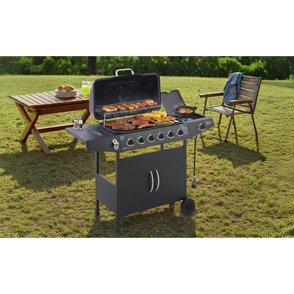 6 Burner BBQ Propane Gas Grill with Side Burner 59000 BTU Output Stainless Steel Barbecue Grill with Enamel-Coated Grates and Side Tables for Outdoor Cooking Kitchen and Patio Backyard.