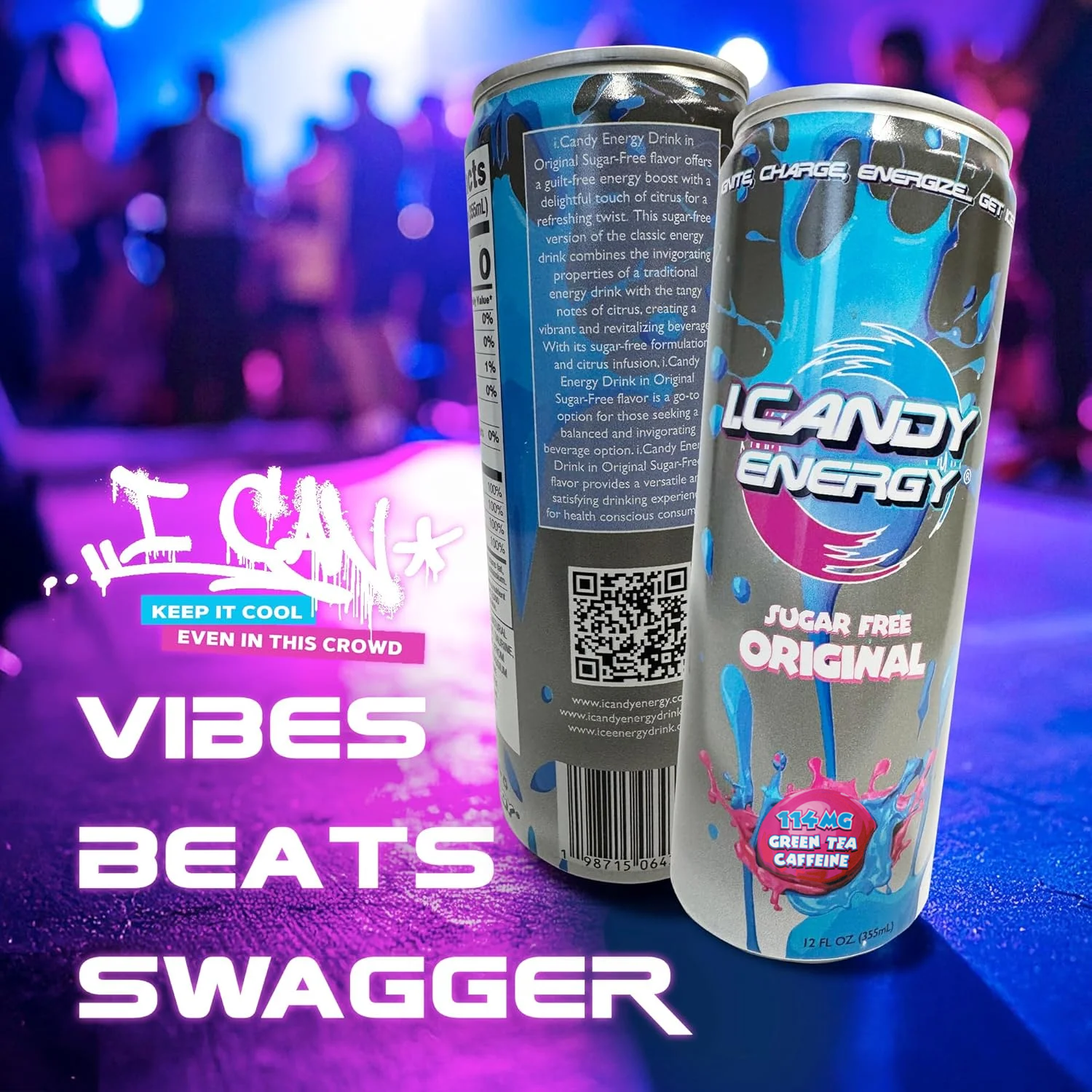 I.Candy Sugar Free Energy Drinks, Zero Sugar Energy for Real Life, Bold Flavor and Clean Boost, 100 Percent Daily Vitamins B3 B6 B12, Natural Caffeine, 12 Pack, 12 Fl Oz