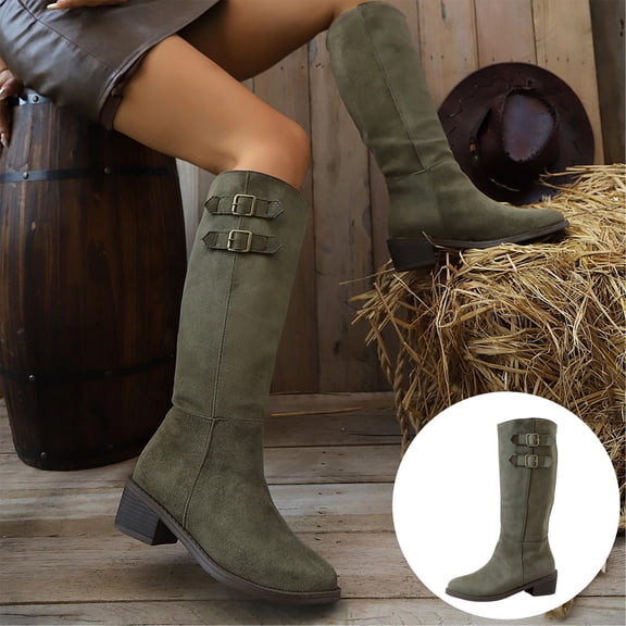 IEMIEMIEM Women's Faux Suede Knee High Western Boots Double Metal Buckle Low Stacked Heel Pointed Toe Pull On Tall Riding Boots for Fall Winter Dark Green 9 Wide