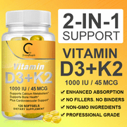 Vitamin D3 1000 IU with K2 45 mcg, K2 MK-7 with D3 Vitamin Supplement, 2 in 1 Support Immune, Heart, Joint, Teeth & Bone Health - Easy to Swallow, 120 Softgels