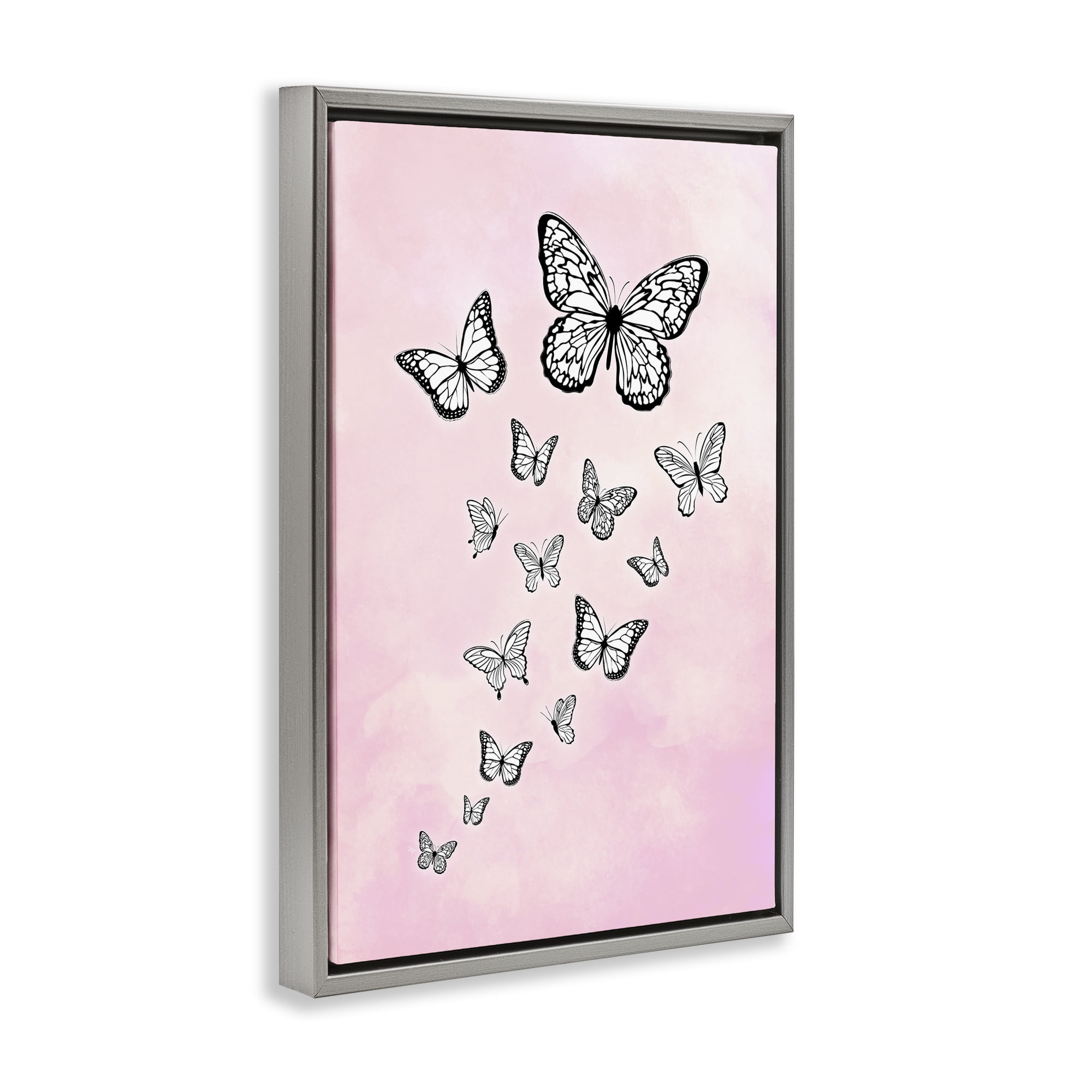 Stupell Industries Pink Fluttering Butterflies Animals Painting Gray Floater Framed Canvas Art Print Wall Art, 17 x 25