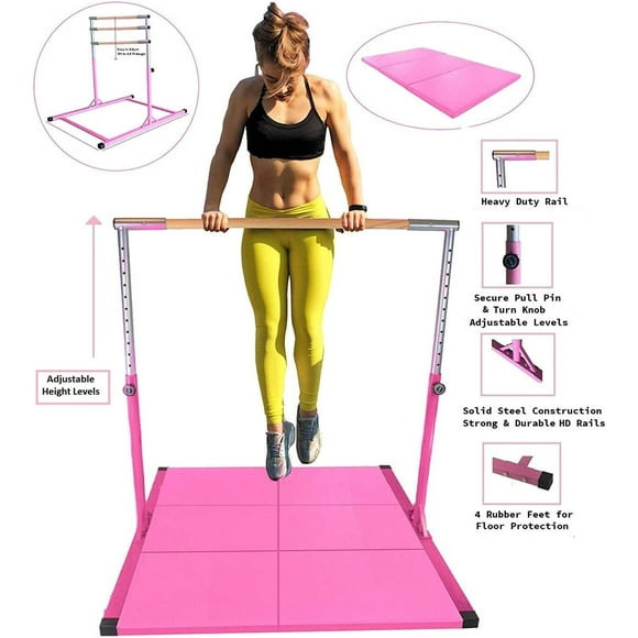 Gymnastic Bar Home Gymnastics Kip Bar with Mat for Kids and Teens, Expandable 3 Ft to 5 FT, Professional Horizontal Bar Kip Bar for Ages 3 to 14 Premium Junior Gymnastics Training Bar Heavy Duty, Pink