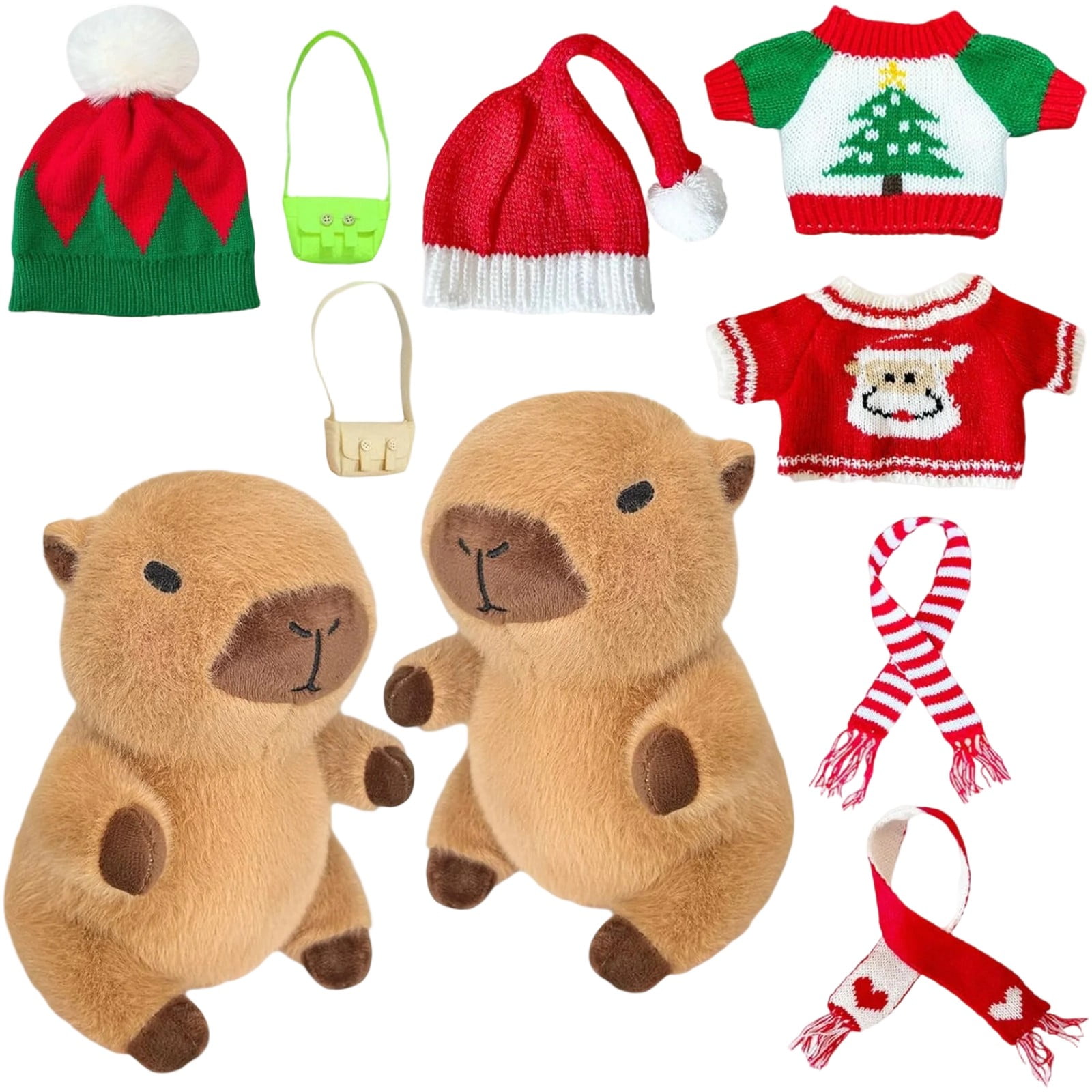 9.84" Capybara Plush Toy Set (10Pcs) - 2*Plush Dolls & 2*Clothings & 2*Hat & 2*Bags & 2* Scarves - Cuddly Soft Huggable Stuffed Animals Toy Pillows, Perfect Gifts for Women Teens & Fans