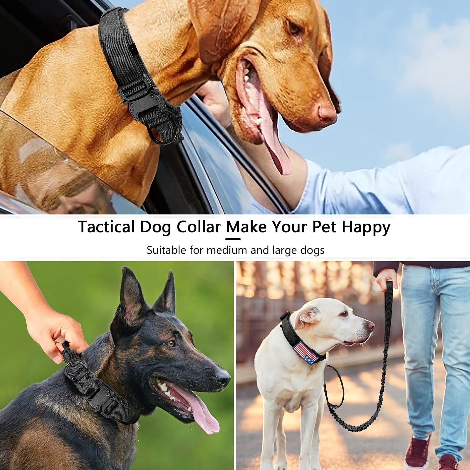 mirlewaiy Tactical Dog Collar Leash Set, Adjustable Military Training Nylon Dog Collar with Controll Handle and Heavy Metal Buckle for Medium and Large Dogs，with Patches and Airtags Case
