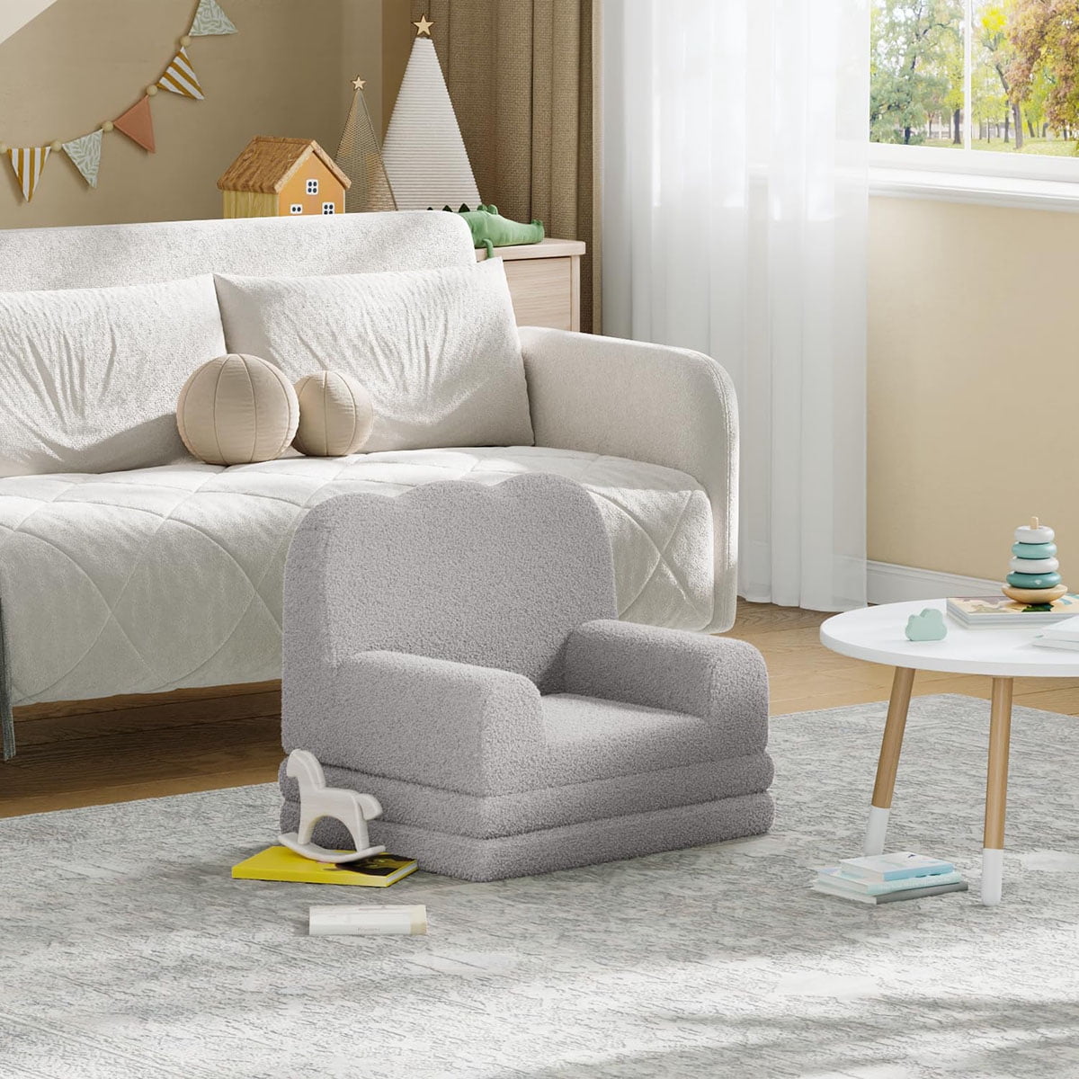 Soonbuy Kids Couch, 2-in-1 Convertible Teddy Fleece Fabric Toddler Sofa Chair, Soft Fold Out Couch Lounger for Kids, Comfy Children's Sofa Bed for Playroom, Nursery, Birthday Gift