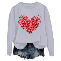 Womens Cute Love Heart Print Sweaters Round Neck Loose Fie Valentine Long Sleeve Pullover Tops