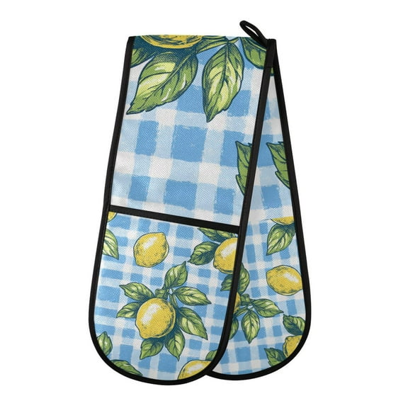 Yayeee Double Oven Mitt Kitchen Heat Resistant Baking 35" x7" Quilted Glove, Cartoon Plaid Lemon