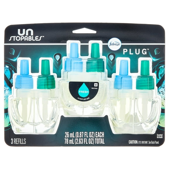 Febreze Plug In Air Freshener, Odor-Fighting Oil Refill, Unstopables Fresh, 3 Refills