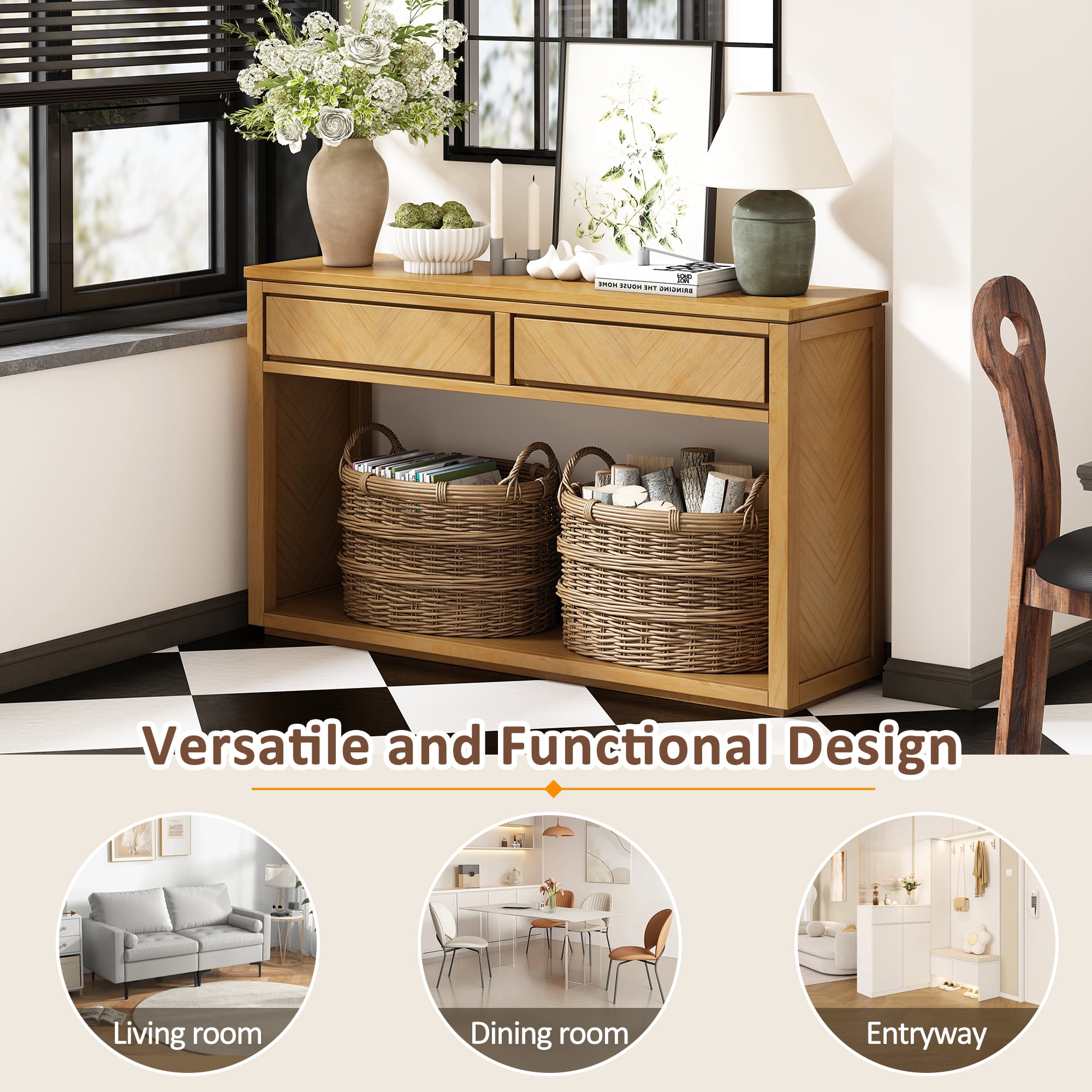 EUROCO 55" Long Console Table with 2 Drawers,Wooden Entryway Table with Open Storage Shelf, Sofa Table Behind Couch Foyer Tables for Living Room Hallway Entrance,Natural