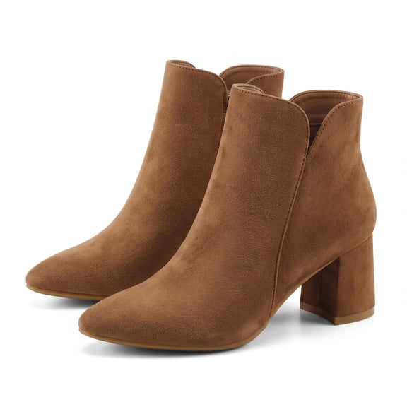 BOCCA Women's Ankle Boots Chunky Block Low Heel Comfortable Pointed Toe Side V Cutout Dressy Office Booties with Zipper