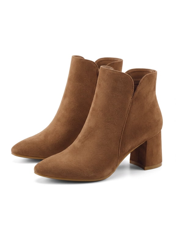 Women's Ankle Boots Chunky Block Low Heel Comfortable Pointed Toe Side V Cutout Dressy Office Booties with Zipper