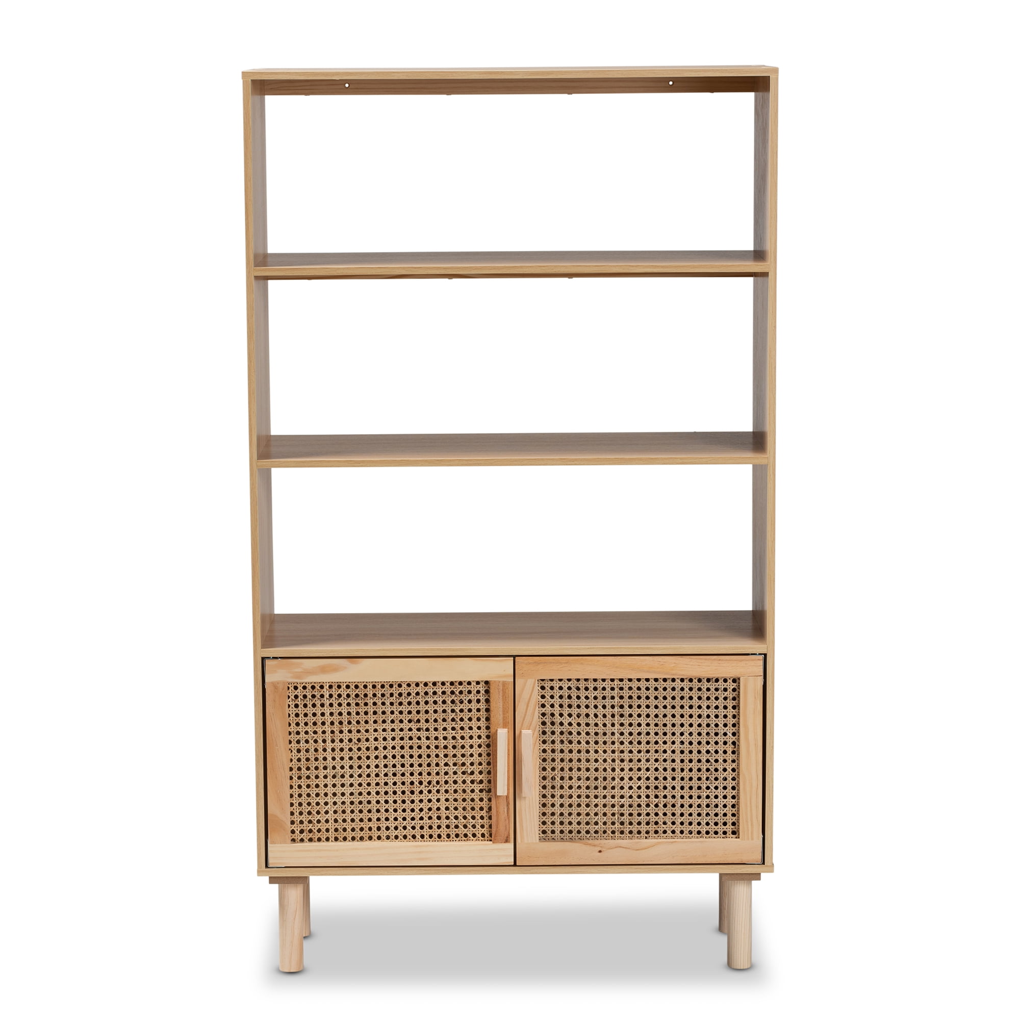 Baxton Studio Faulkner Mid-Century Modern Natural Brown Finished Wood and Rattan 2-Door Bookcase