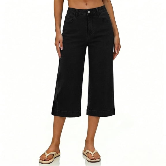 Denim Pants for Women High Waist Wide Leg Baggy Jeans Capris Stretchy Casual Work Office Trousers with Pockets Black L