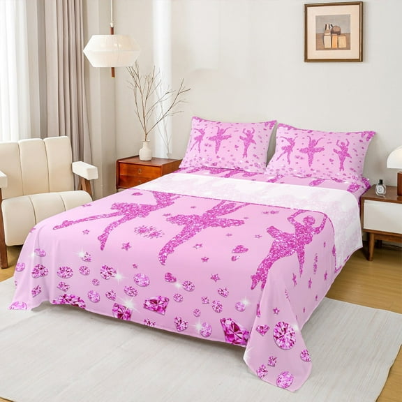 jejeloiu Girly Ballet Twin Sheet Sets,Ballerina Dancer Twin Fitted Sheet,Pink Bling Diamond Flat Sheet For Teens,Luxury Bedroom Decor,3pcs