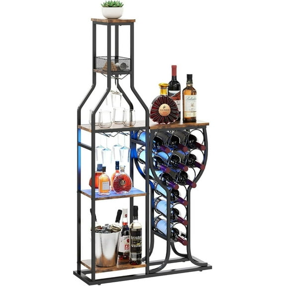 5-Tier Freestanding Liquor Cabinet with Wine Glass Holder - Holds 11 Wine Bottles - For Home Bar, Living Room, Kitchen