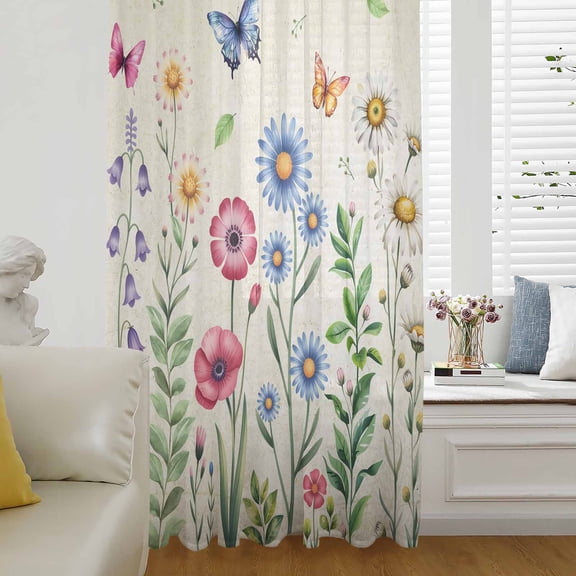 Spring Floral Sheer Curtains 63 Inches Long for Living Room/Bedroom, Pink Blue Flowers Butterfly Farmhouse Rod Pocket Voile Kitchen Curtains & Drapes Window Treatment 1 Panel, 52"W x 63"L