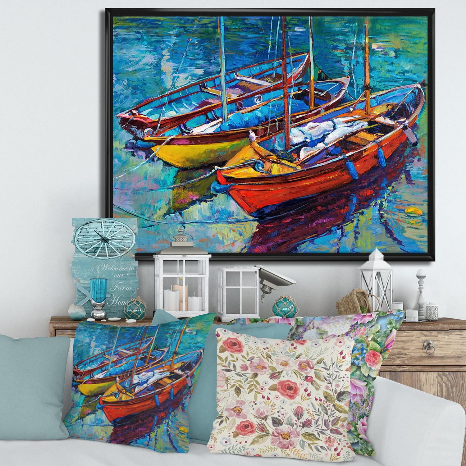 Designart Three Boats In The Harbor FLOAT FRAME WALL ART