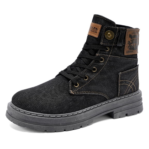 Men's Lace-Up Mid-Top Denim Combat Boots, Round Toe Chunky Platform Sole Closed-Toe Casual Ankle Boots for Outdoor Daily Street Wear