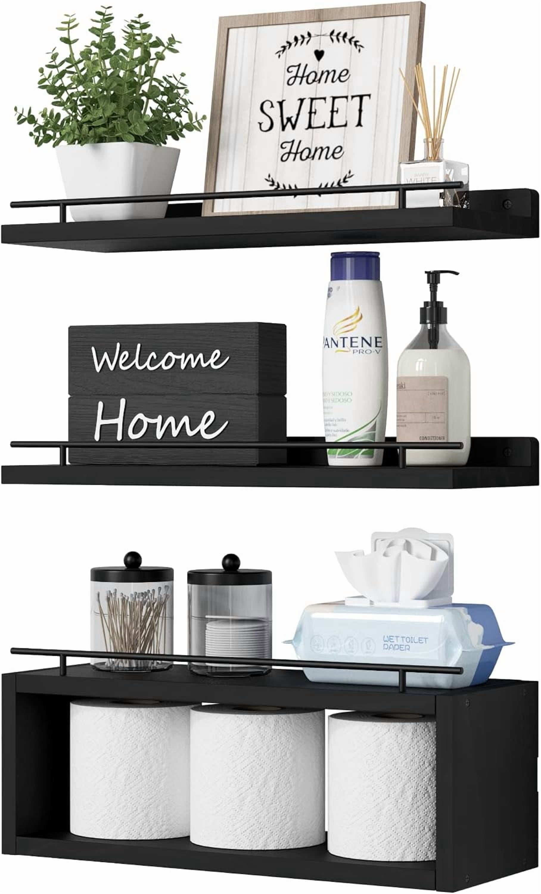 Floating Shelves for Wall 24 inch with Cube Shelf, Wall Shelves with Metal Rail for Bathroom Decor, Bathroom Organizers and Storage, Over Toilet Shelves, Toilet Paper-White
