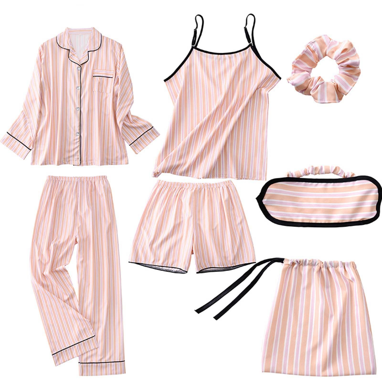 Fvwitlyh Christmas Pajamas Imitation Cotton Striped Silk Seven Piece Pajamas Women Four Seasons Can Be Worn Outside The Home Clothing Suit Pink L Walmart