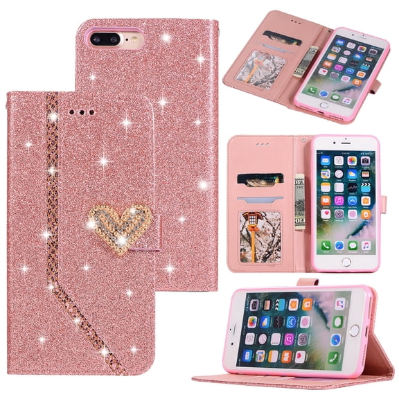 iPhone 8 Plus Case, iPhone 7 Plus Case, Allytech PU Leather Glitter Slim Lightweight Full Body Protective Cards Slots Money Pocket Wallet Case Cover for Apple iPhone 8 Plus / iPhone 7 Plus, Rosegold
