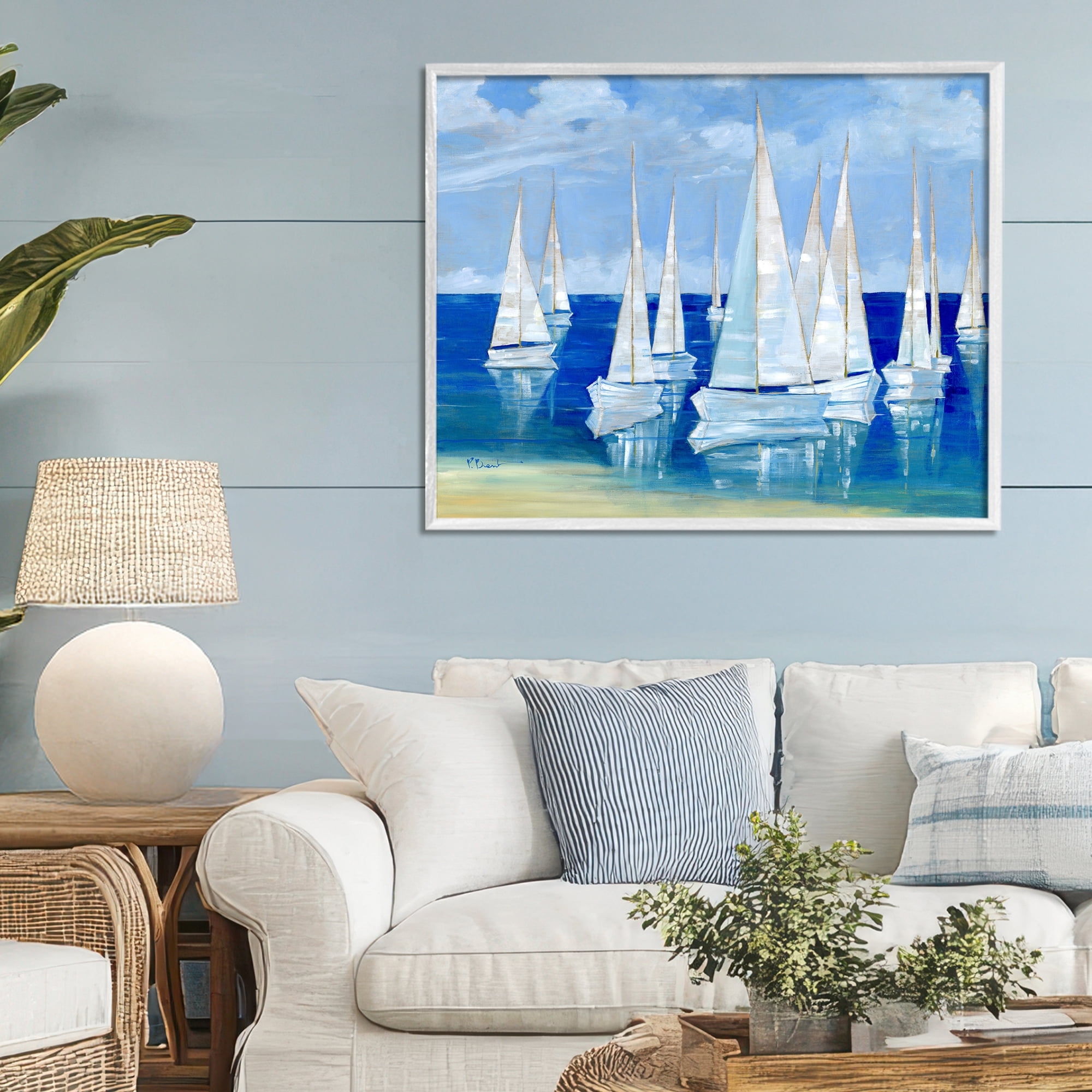 Stupell Industries Blanco Beach Sailboats White Framed Giclee Art, design by Paul Brent