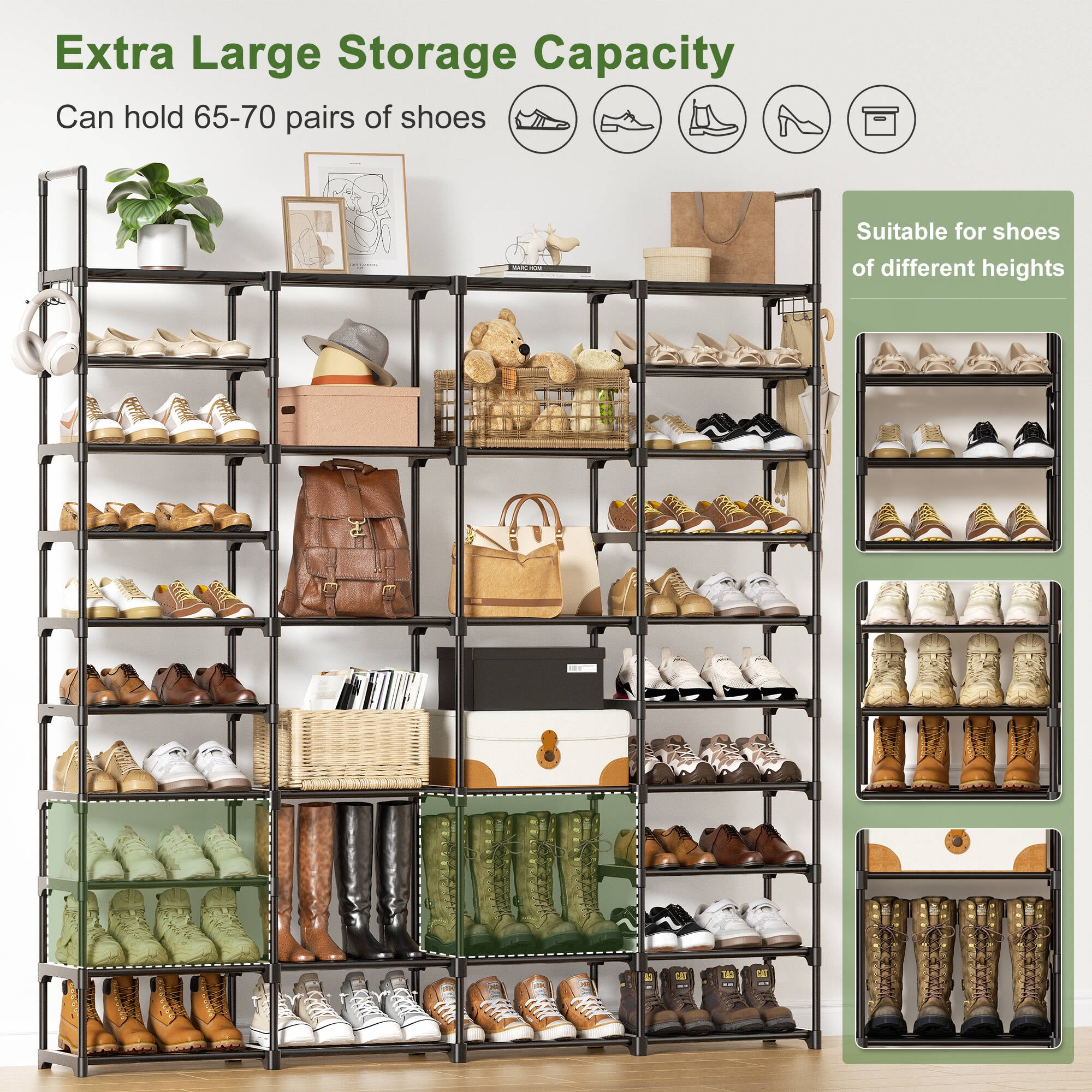 BGTREND 10-Tier Shoe Rack 4-Row Large Metal Shoe Storage Organizer 65-70 Pairs for Garage Entryway Closet (68 inches, Black)