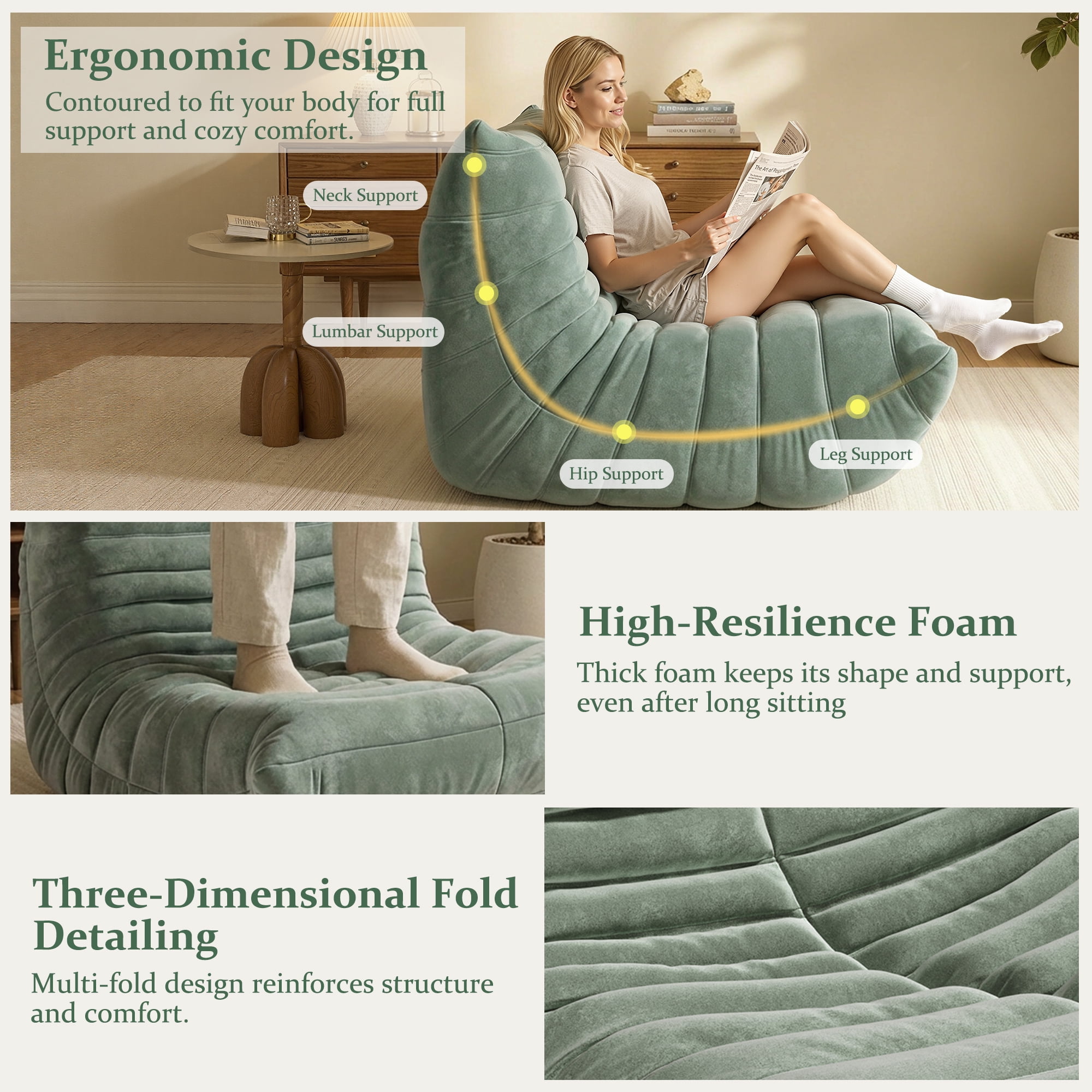 LineCrispton Memory Foam Bean Bag Chair for Adults, Luxury Fabric Compressed Sofa in a Box, Light Green, Single