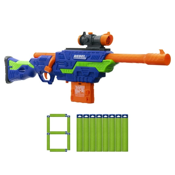 Adventure Force Rebel Foam Dart Blaster Set, Bolt-Action Clip-Fed Design, 1 Blaster with 8 Accu-Blast Darts, Clip and Detachable Scope, Compatible with Most Standard Nerf Blasters, Ages 8 
