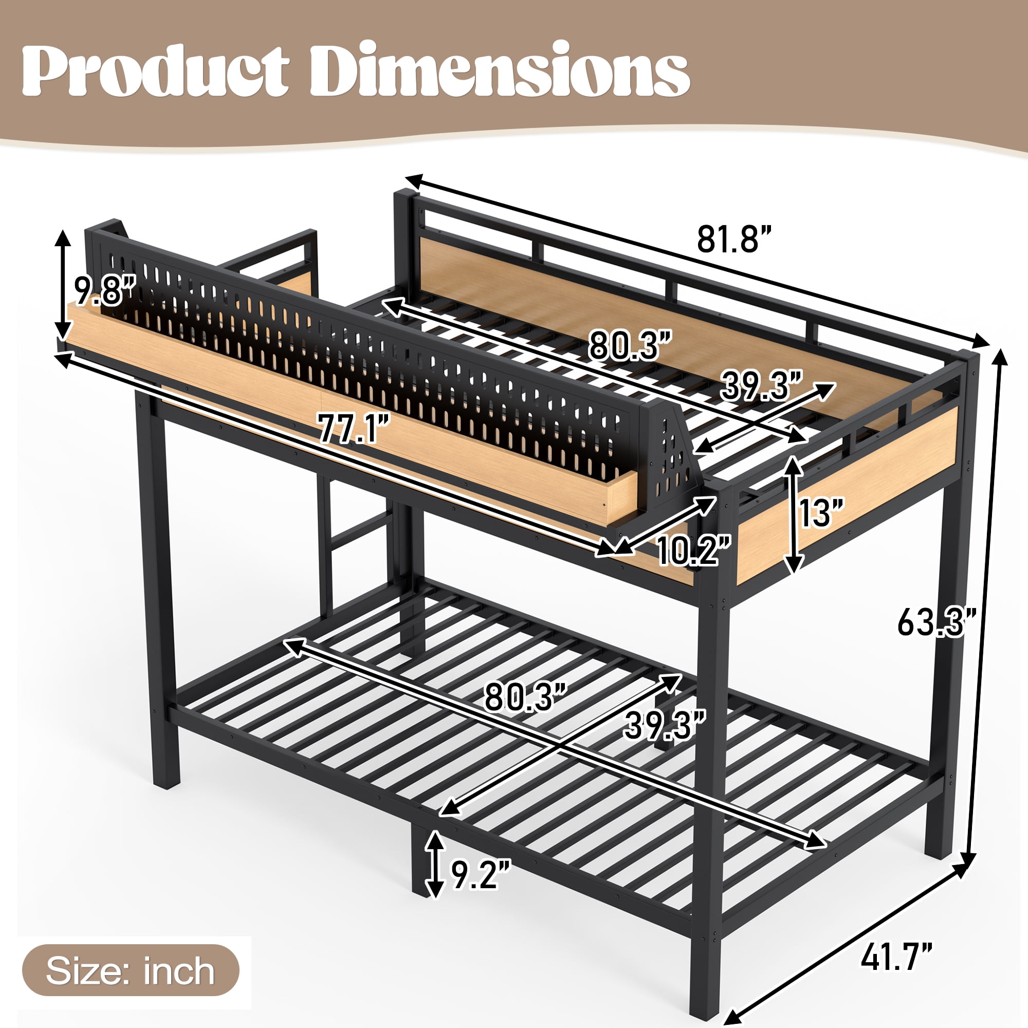 Leumius Metal Bunk Bed with Storage Shelves and Pegboard,Twin XL over Twin XL Size Bunk Bed Frame with USB Ports and LED Lights, Space-Saving,Natural