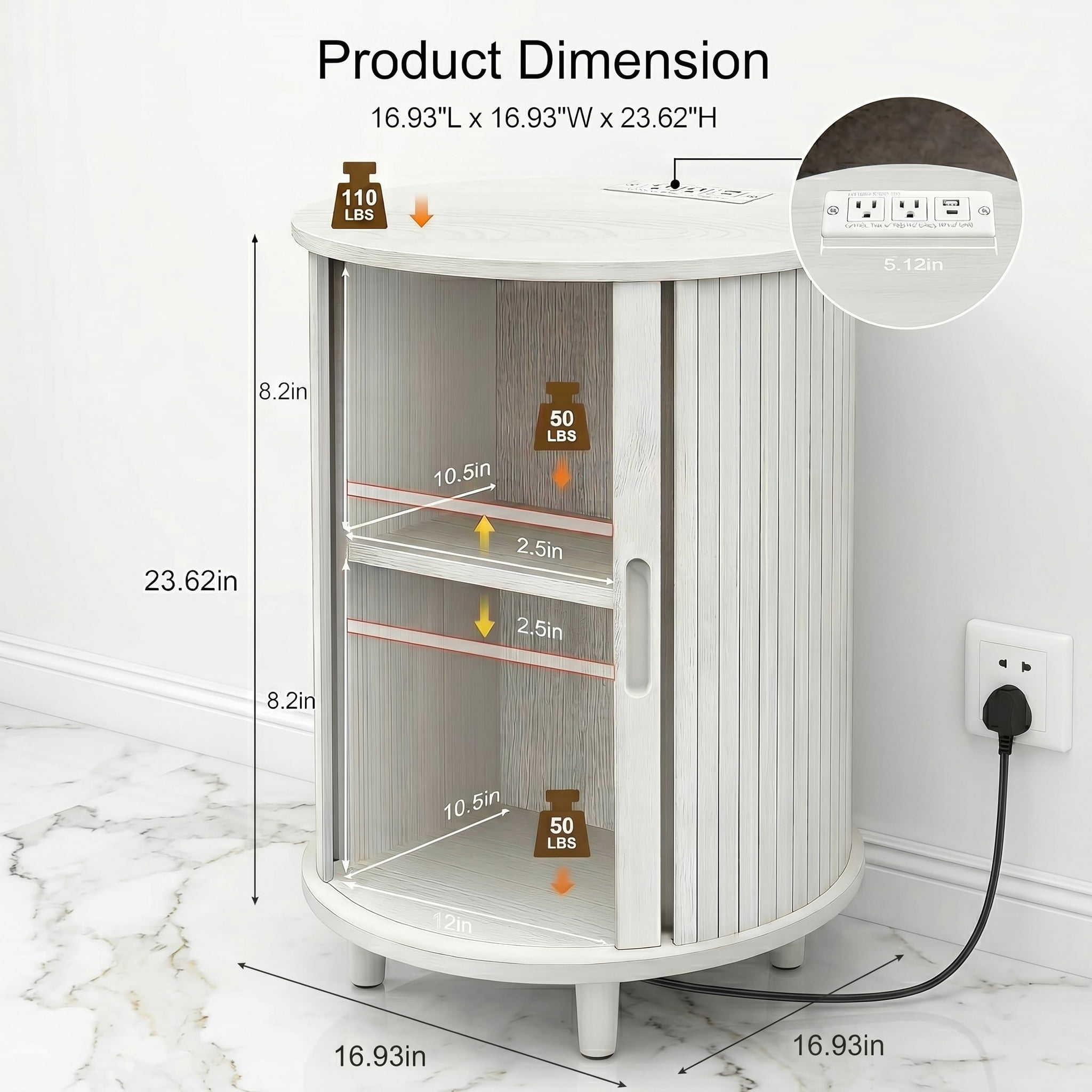 AISWORD Round End Table with Charging Station, Fluted Accent Side Table with Sliding Door and Adjustable Shelf, Nightstand for Small Space, White
