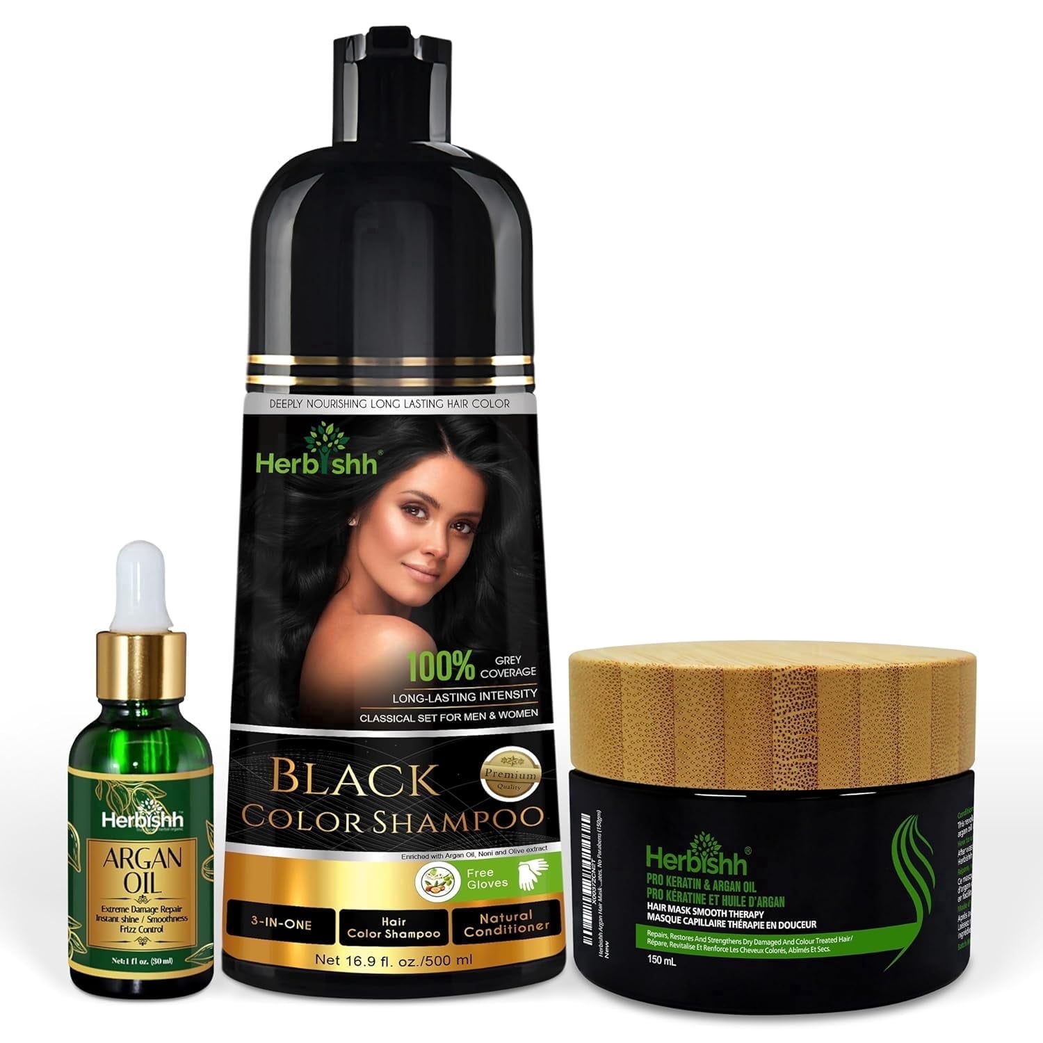 (3 pack) Herbishh After Color Combo- Hair Color Shampoo, Hair Mask & Argan Oil - Hair Straightening, Shine, and Protection for Men and Women (Black)