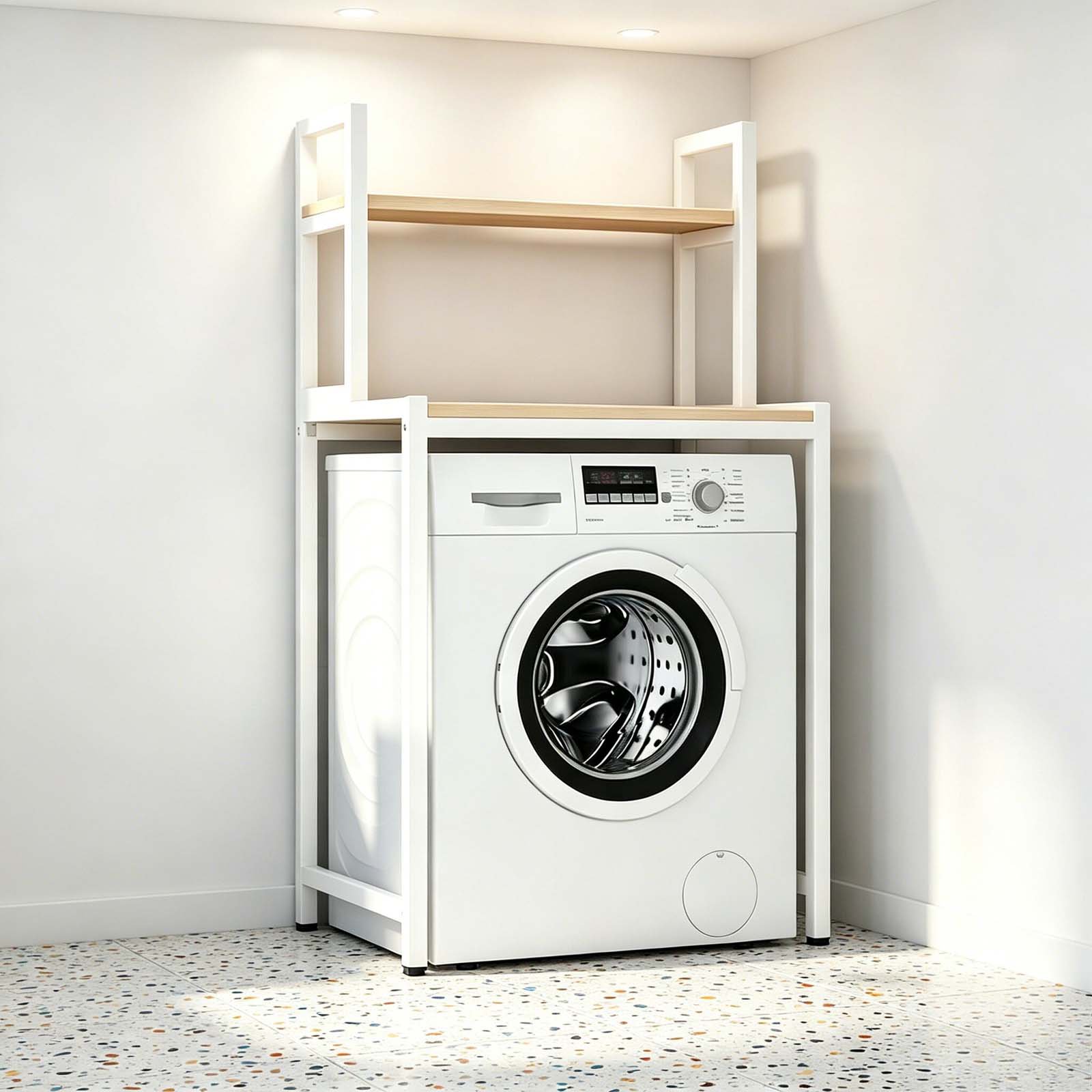 over washing machine storage rack 2 tier freestanding wood top white for front load washer 1 pack