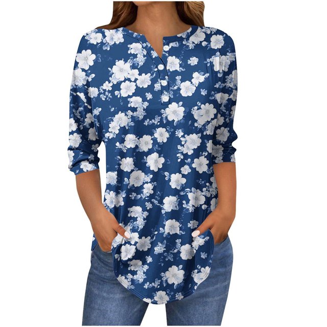 Staron Clearance Womens Summer Tops Button Down 3/4 Length Sleeve Blouses Floral Print Business Work Tops Loose Fit Tunic