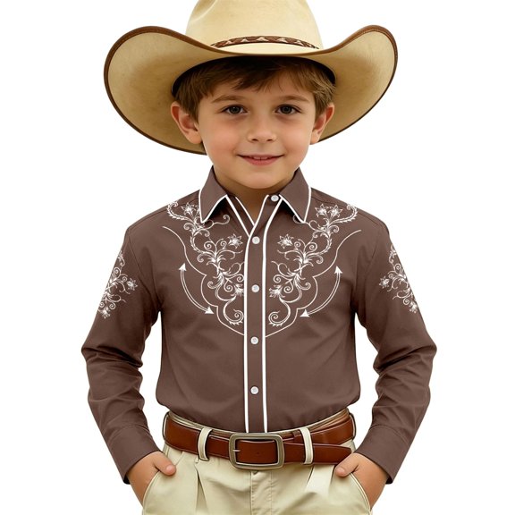 FINALGANG Stylish Boys Western Cowboy Shirt Fashion Printed Long Sleeve Shirts Kids Regular Fit Casual Button Down Shirt Festival Party Tops 10-11 Years