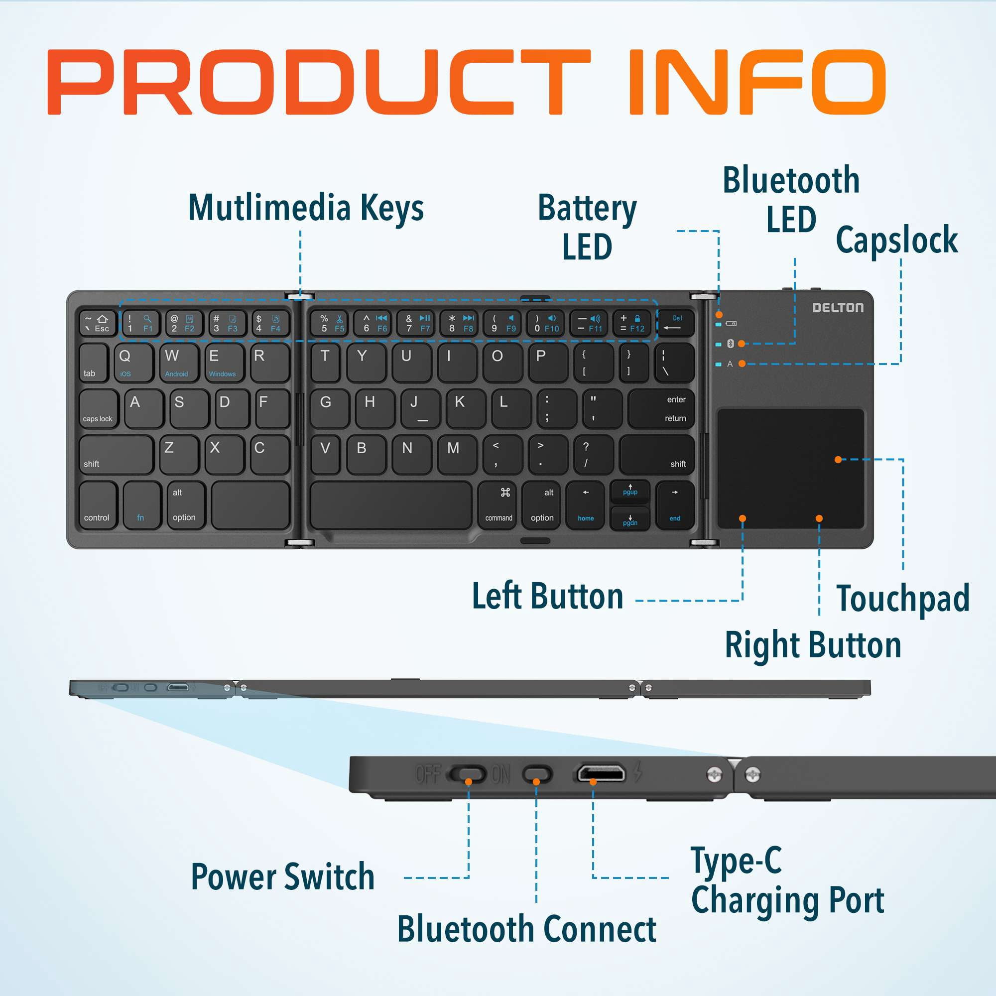 Delton F75 Bluetooth Keyboard with Sensitive Touchpad, Compact and Portable Design, Rechargeable Wireless Foldable Keyboard, Compatible with PC, Laptop, iMac, Tablets & Smartphones - Black