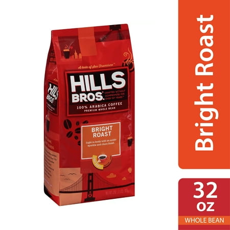 Hills Bros. 100% Arabica Whole Bean Coffee, Bright Roast Blend Light Roast, 32 oz