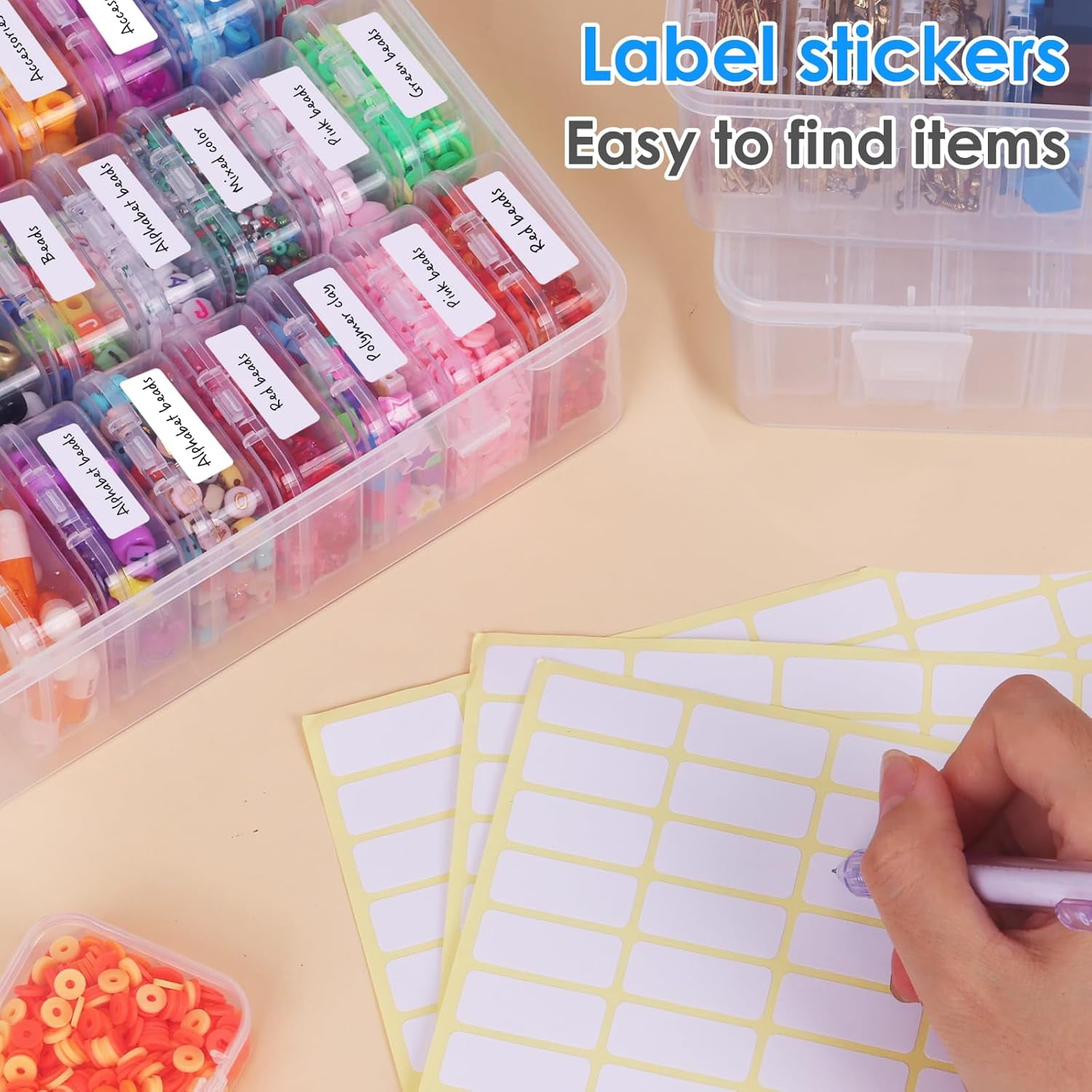 Bead Organizer Box, 108Pcs Small Clear Plastic Bead Storage, Mini Craft Storage Containers Boxes with Hinged Lid and Labels for Bracelets, Making DIY Jewelry Craft Nail, Screws, Seeds